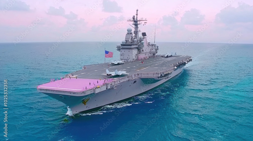 Aircraft Carrier Sailing in Serene Ocean Waters Aircraft Carrier Sailing in Serene Ocean Waters