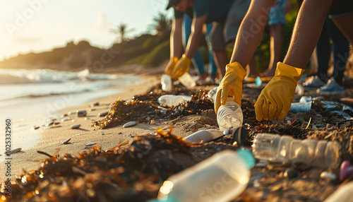 Group of people are picking up trash on a beach. The beach is littered with plastic bottles and other trash. The people are wearing gloves and are working together to clean up the beach photo