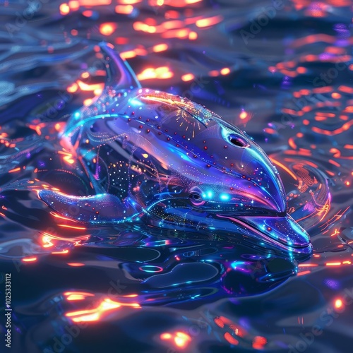 A cybernetic dolphin with metallic skin, swimming in a neon sea photo