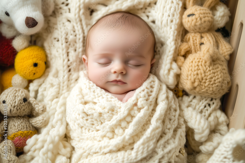A newborn baby swaddled in a soft blanket, peacefully sleeping in a crib surrounded by plush toys and stuffed animals A newborn baby swaddled in a soft blanket, peacefully sleeping in a crib surrounded by plush toys and stuffed animals