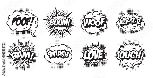 Vector set comic speech bubbles, book sound effects. Pop art messages different shapes, emotions. Comics font label tag expression. Cartoon explosion cloud phrase on white background