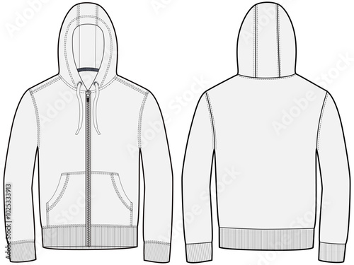 Hooded Zipped Sweater Fashion Illustration Zip Hoodie Mock-up Template for Design and Tech Packs Front and Back Views	