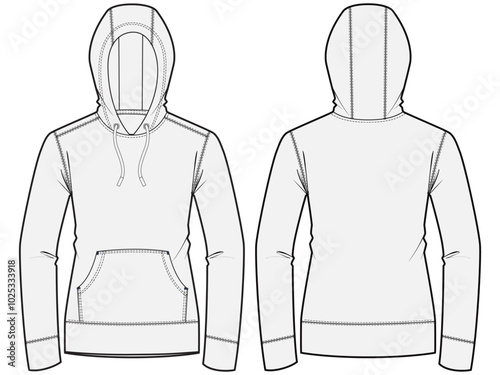 Hooded Sweater Fashion Illustration Hoodie Mock-up Template for Design and Tech Packs Front and Back Views	