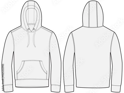 Hooded Sweater Fashion Illustration Hoodie Mock-up Template for Design and Tech Packs Front and Back Views	