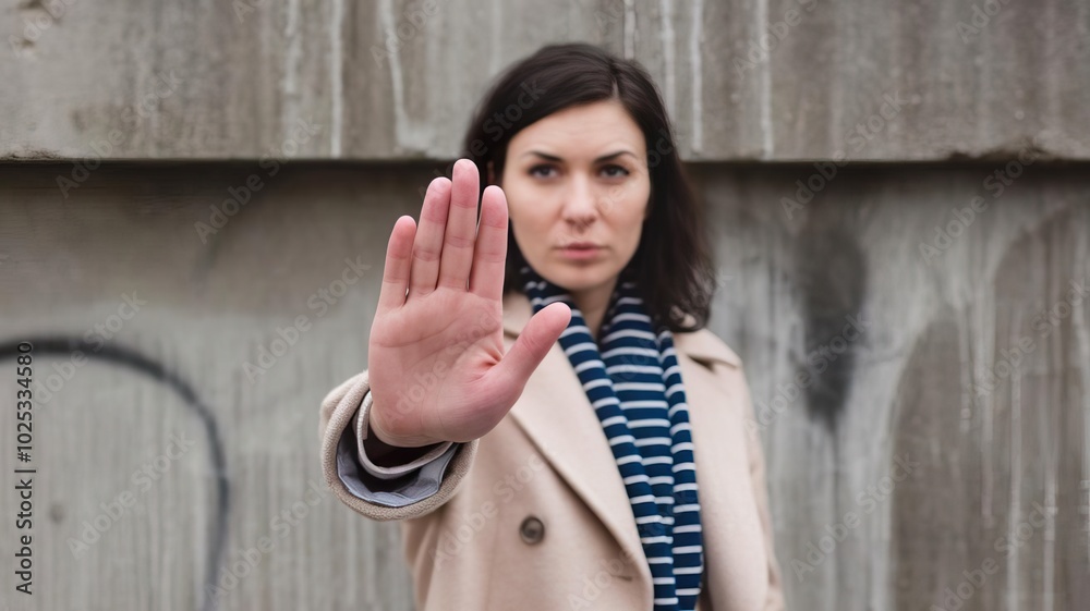 A woman confidently holds her hand up for a stop gesture against a textured background. A woman confidently holds her hand up for a stop gesture against a textured background.