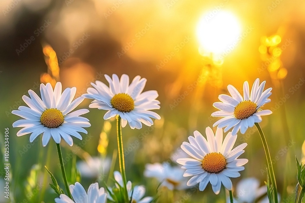 Daisies at sunset, white flowers in a field during golden hour, grassy meadow with a blurred effect, nature magic Daisies at sunset, white flowers in a field during golden hour, grassy meadow with a blurred effect, nature magic