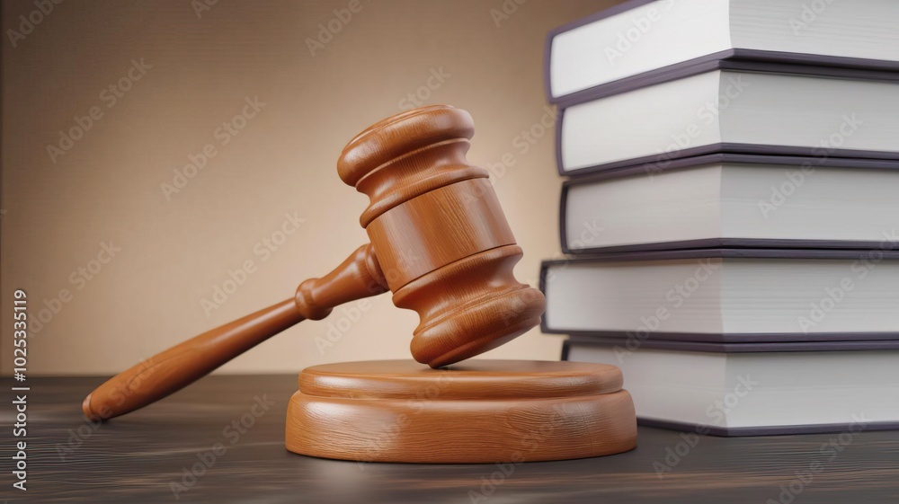 A wooden gavel rests beside a stack of law books, symbolizing justice and legal proceedings in a courtroom setting. A wooden gavel rests beside a stack of law books, symbolizing justice and legal proceedings in a courtroom setting.