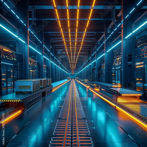 A hightech logistics center with robotic sorting systems and neon tracking screens, optimizing deliveries