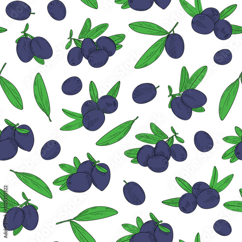 Seamless endless pattern of olives. Illustration in hand drawn style. Can be used to create packaging, covers, backgrounds, cards, textiles, clothing, souvenirs and much more.