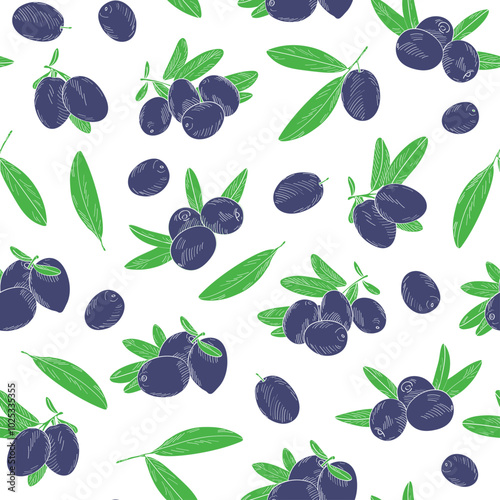 Seamless endless pattern of olives. Illustration in hand drawn style. Can be used to create packaging, covers, backgrounds, cards, textiles, clothing, souvenirs and much more.