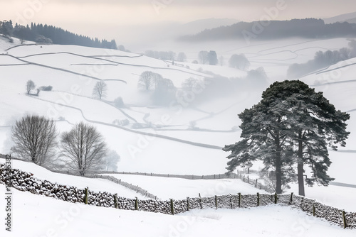 A picturesque countryside covered in a blanket of snow photo