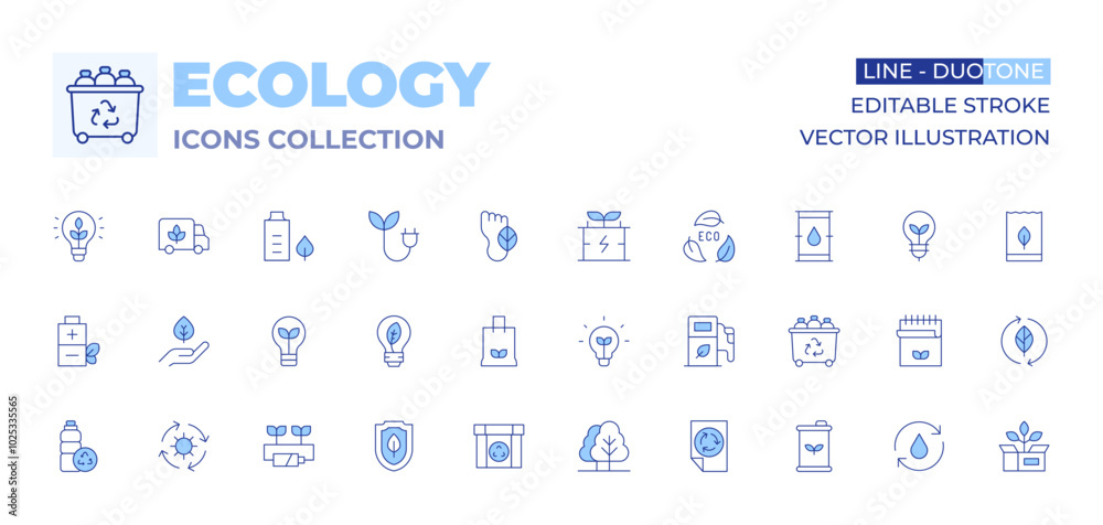 Ecology icons collection. Line Duotone style, editable stroke. distribution, eco battery, solar energy, sustainable energy, environmental protection, plastic bottle, bulb, eco energy Ecology icons collection. Line Duotone style, editable stroke. distribution, eco battery, solar energy, sustainable energy, environmental protection, plastic bottle, bulb, eco energy