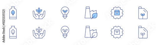 Ecology icon set in two styles, Duotone and Thin Line style. Editable stroke. green factory, eco fuel, plant, packaging, supply, light bulb