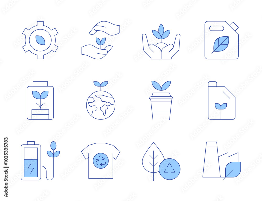 Ecology icons. Line Duotone style, editable stroke. eco battery, growth, green factory, recycling, green earth, eco fuel, ecology and environment, coffee cup, plant, clothes Ecology icons. Line Duotone style, editable stroke. eco battery, growth, green factory, recycling, green earth, eco fuel, ecology and environment, coffee cup, plant, clothes