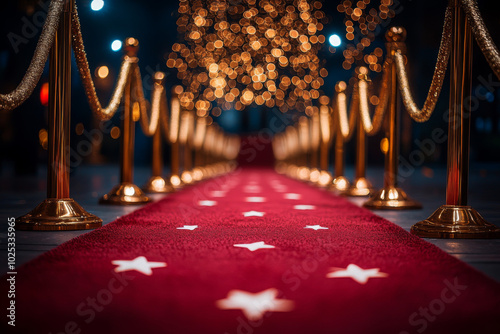 Red carpet rolling out in front of glamorous movie premiere background