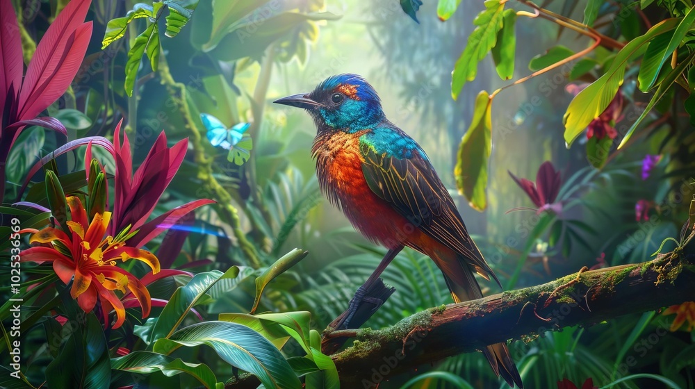 Fototapeta premium A rare exotic bird perched on branch in lush vibrant jungle