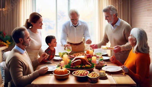 People gathering around the table celebrating Thanksgiving Dinner. Generated image