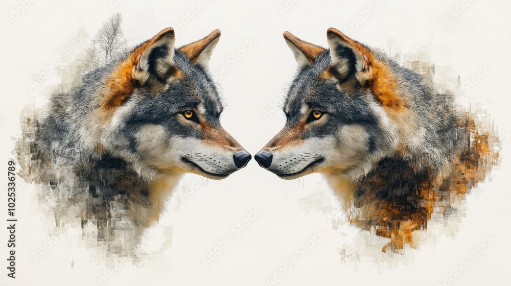 Two wolves face each other with intense gazes, creating a captivating image of the wild. Two wolves face each other with intense gazes, creating a captivating image of the wild.