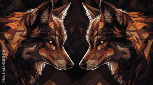Two wolf heads, facing each other, made of geometric shapes in dark tones.