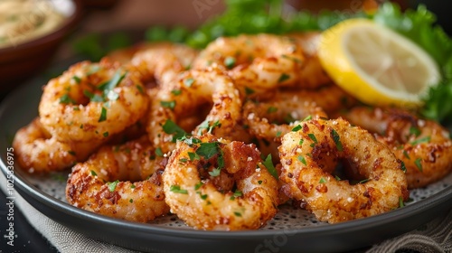 Plate of delicious crispy fried squid rings with fresh parsley, lemon wedges, and dipping sauce