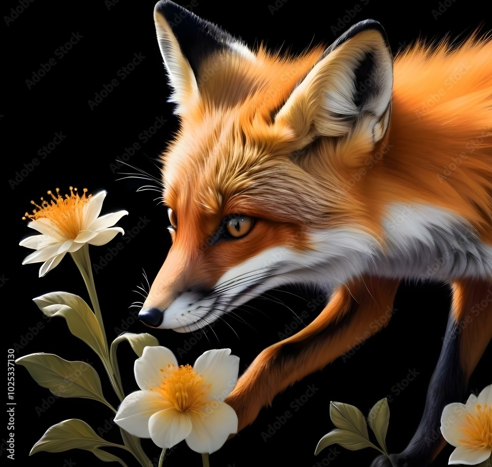 Fototapeta premium Close-up portrait of a fox with flowers on black background. AI generated