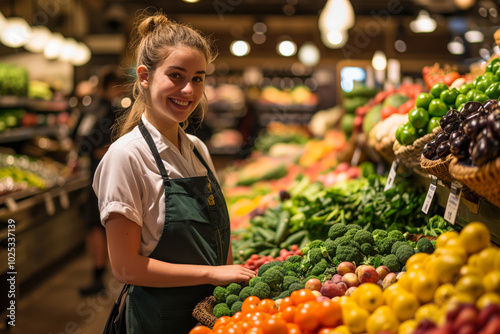 A female clerk s in the fresh produce section of a supermarket