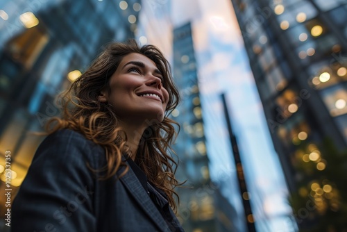 Smiling businesswoman in a suit on a city street with skyscrapers in the background