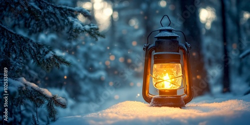 A glowing lantern shines brightly in a snowy forest. The warm light contrasts with the cold surroundings. This image captures a cozy and inviting atmosphere. Perfect for winter themes. AI