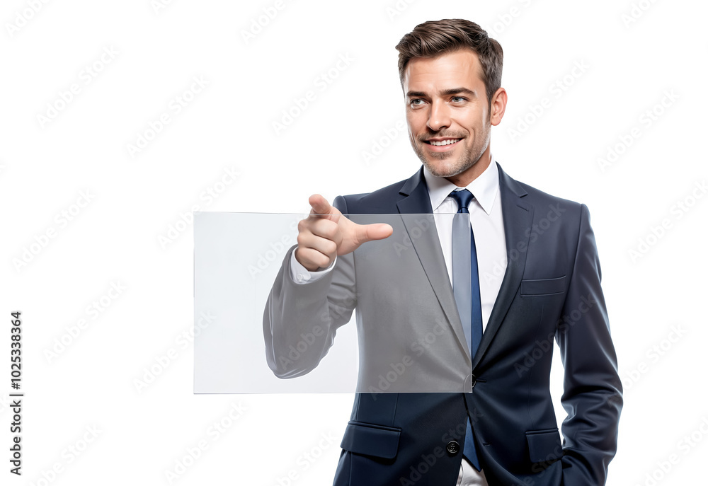 Smiling Young Male Businessman in a Suit Points at a Transparent Screen. Isolated on Transparent Background. PNG. great for showcasing technology, business, and presentations Smiling Young Male Businessman in a Suit Points at a Transparent Screen. Isolated on Transparent Background. PNG. great for showcasing technology, business, and presentations