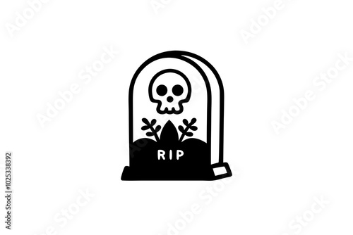 Headstone vector icon. Gothic gravestone with skull, flowers, rip text. Creepy cemetery grave. Black outline, simple sketch isolated on white. Clipart for Halloween decor, logo, apps, print