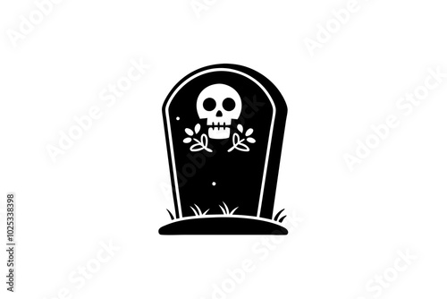 Headstone vector icon. Gothic gravestone with skull, flowers, rip text. Creepy cemetery grave. Black outline, simple sketch isolated on white. Clipart for Halloween decor, logo, apps, print