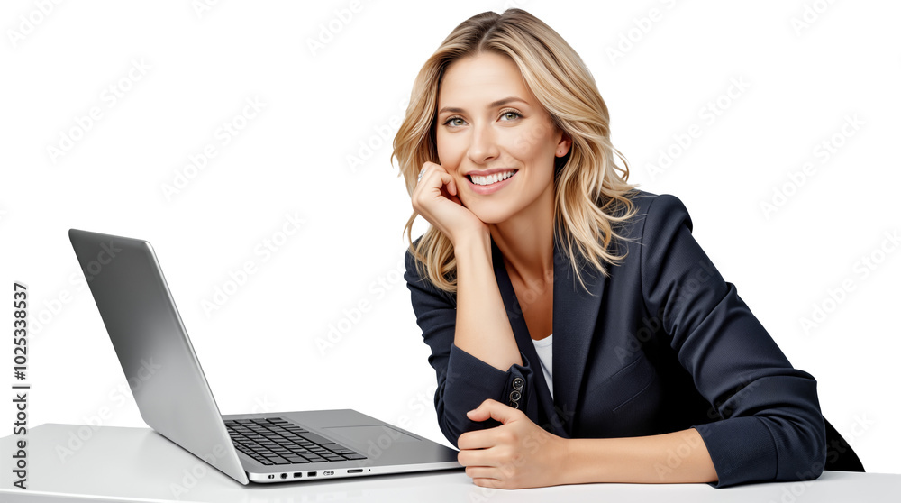 Smiling Female Entrepreneur in a Suit Working on a Laptop. Isolated on Transparent Background. PNG. Modern business, technology, and a positive work environment Smiling Female Entrepreneur in a Suit Working on a Laptop. Isolated on Transparent Background. PNG. Modern business, technology, and a positive work environment