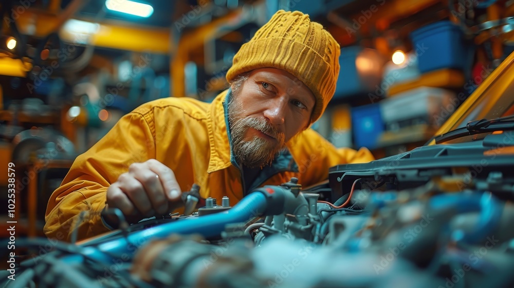 Experienced Mechanic in Yellow Jacket Repairing Car Engine in Garage Auto Repair Shop Scene Experienced Mechanic in Yellow Jacket Repairing Car Engine in Garage Auto Repair Shop Scene