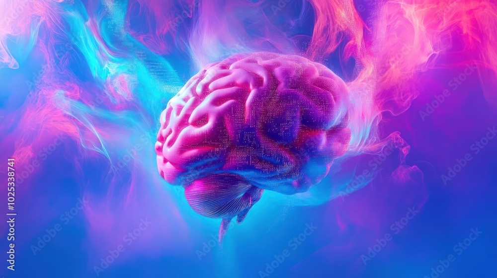 A 3D Rendered Brain Submerged in Abstract Pink and Blue Smoke A 3D Rendered Brain Submerged in Abstract Pink and Blue Smoke