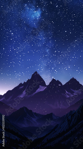 Night sky with mountains under stars and deep blue background