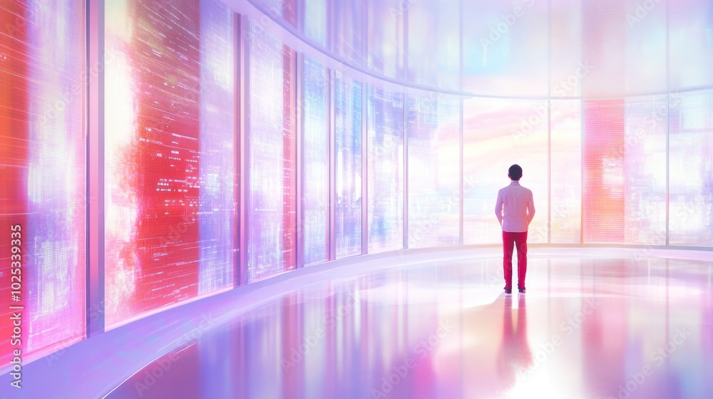 Man in Red Pants Contemplating a View Through a Window of Colorful Panels Man in Red Pants Contemplating a View Through a Window of Colorful Panels