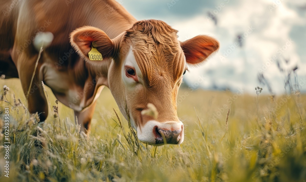 Portrait brown cow grazing in rural field Portrait brown cow grazing in rural field