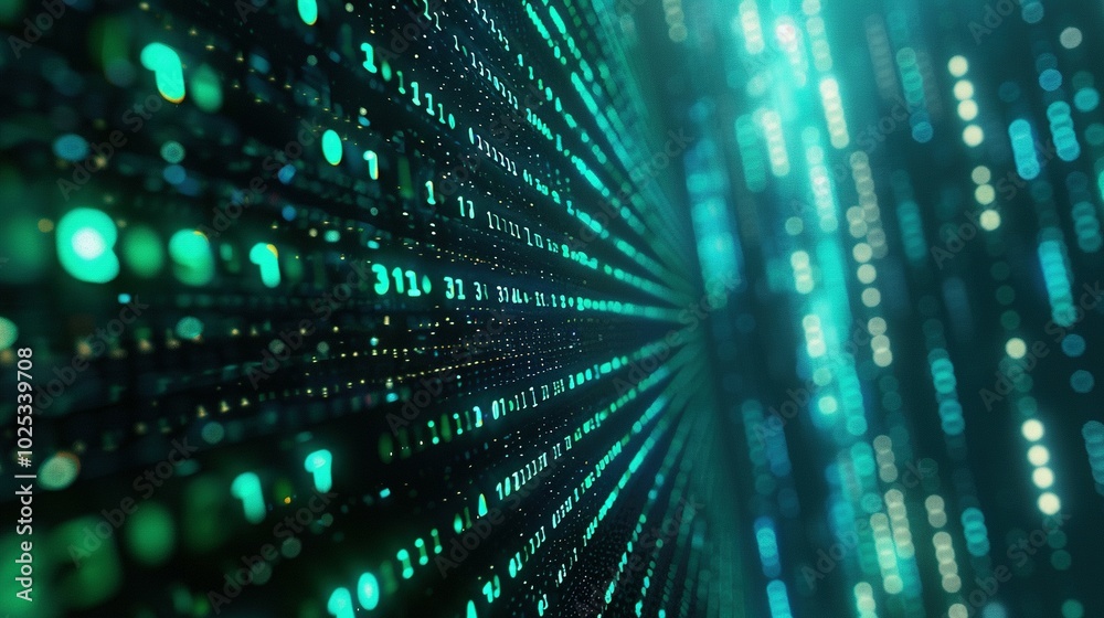 Abstract Digital Data Stream with Blurred Lights and Numbers