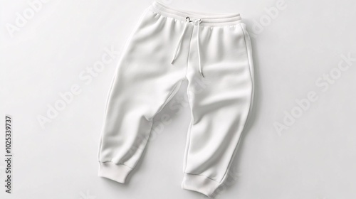 A pair of white sweatpants laid flat on a white background with a drawstring. Generative ai photo