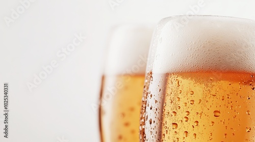 Close-up view of White background with solitary glasses of cold beer. Beer void in space. Hight Resolution. 