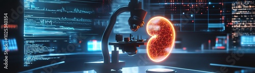 Advanced laboratory setting with a high-tech microscope analyzing a kidney model, highlighting medical research technology and innovation.