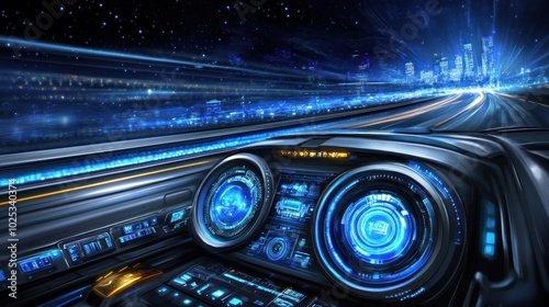 Futuristic Car Interior with Cityscape View and Glowing Lights