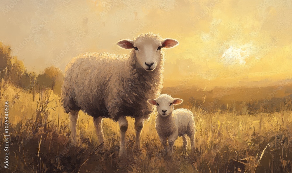 Obraz premium Portrait sheep and lamb grazing in rural field