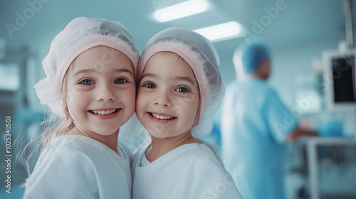 Smiling twin girls in hospital attire, cheerful in medical setting