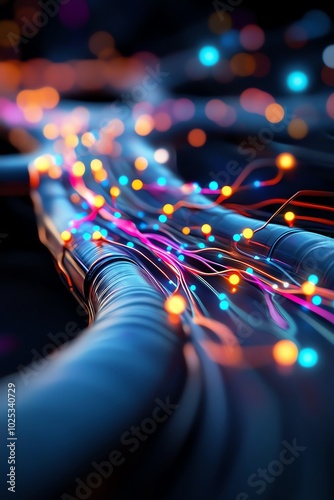 Close-up of colorful optical fiber cables with glowing digital data signals, representing high-speed internet and modern technology.