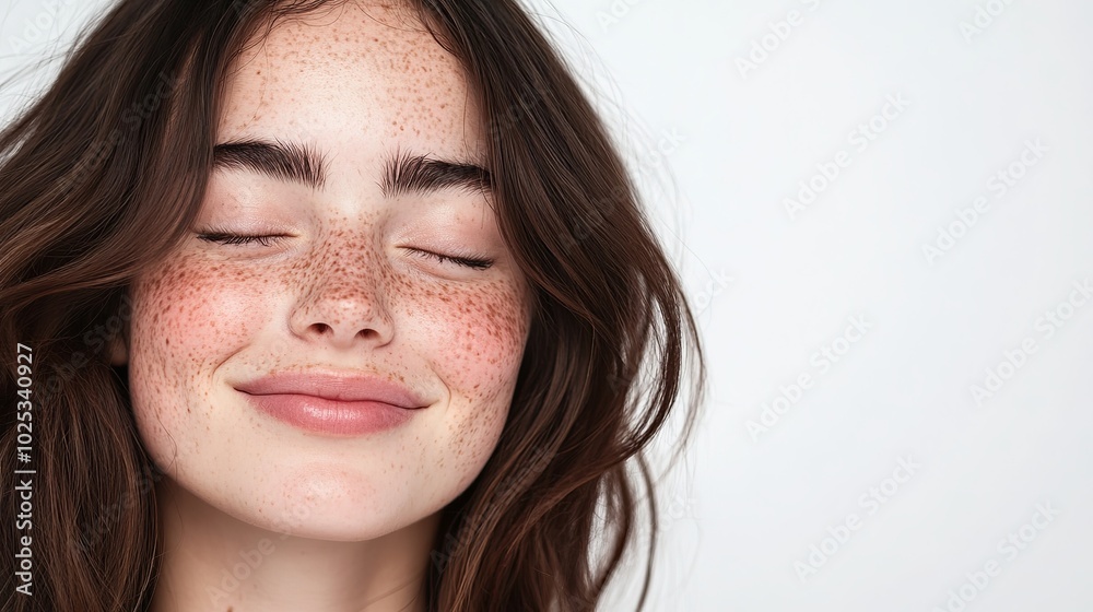 A content Latina brunette female is solitary against a white backdrop. Young adult smiling and sporting freckles on her face while posing with her eyes closed to promote skincare and clean. A content Latina brunette female is solitary against a white backdrop. Young adult smiling and sporting freckles on her face while posing with her eyes closed to promote skincare and clean.