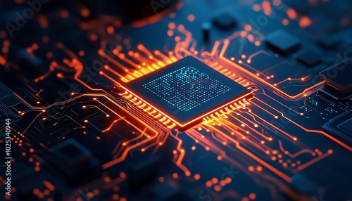 Close-up view of a glowing computer microchip on a circuit board, showcasing intricate electronic connections and vibrant technology design.