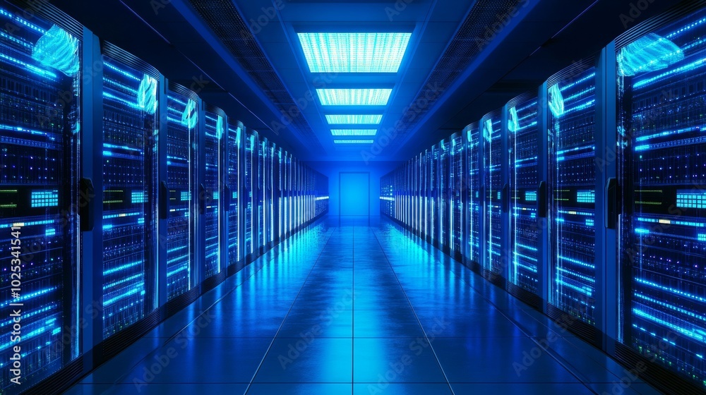 Symmetrical Data Center with Glowing Servers and Blue Neon Lighting