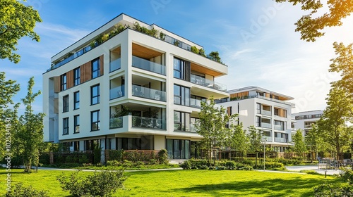 Contemporary apartment building in a green space. apartment building with flat buildings on the outside. elegant residential complex. Condo architecture, a portion of city real estate. 