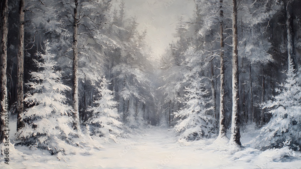 Obraz premium A Snow-Covered Path Through a Dense Forest